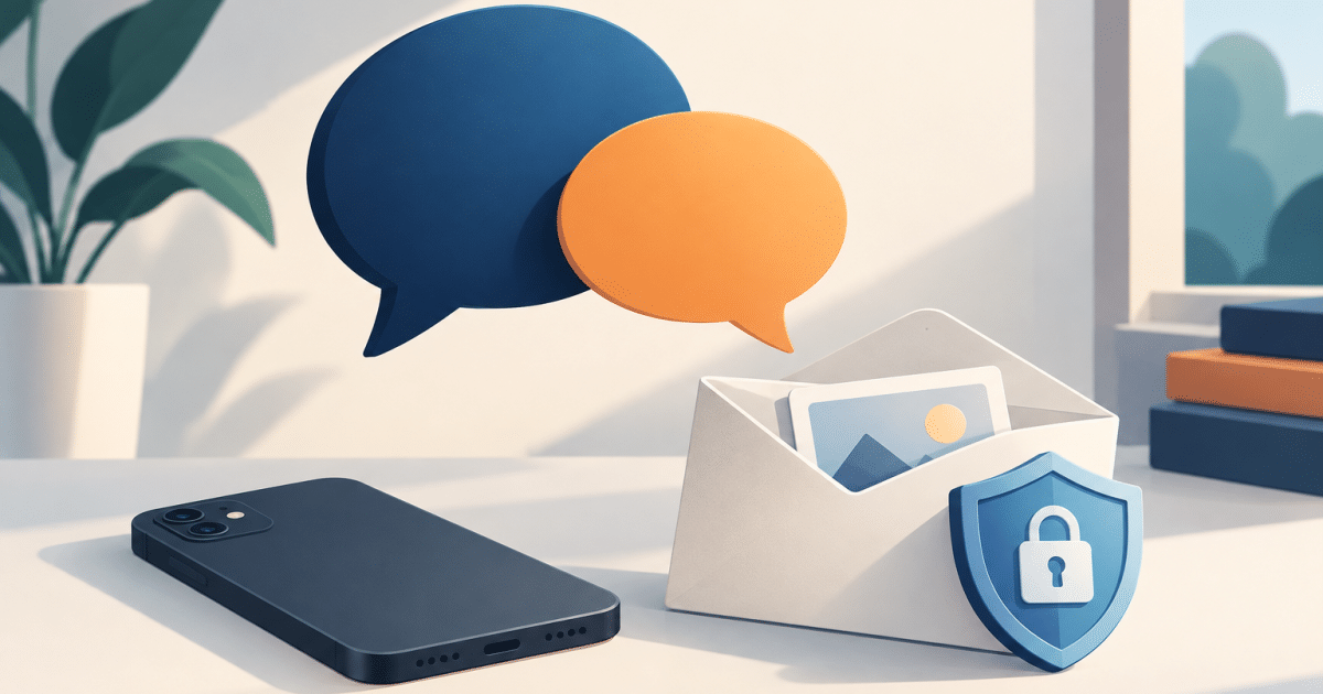 Illustration of two speech bubbles beside a protected photo envelope and a facedown smartphone.
