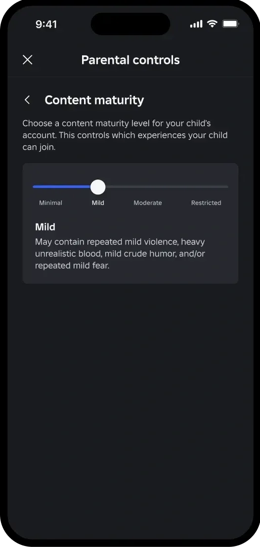 Roblox parental controls: setup, age rules and limits Roblox parental controls content maturity slider with mild selected