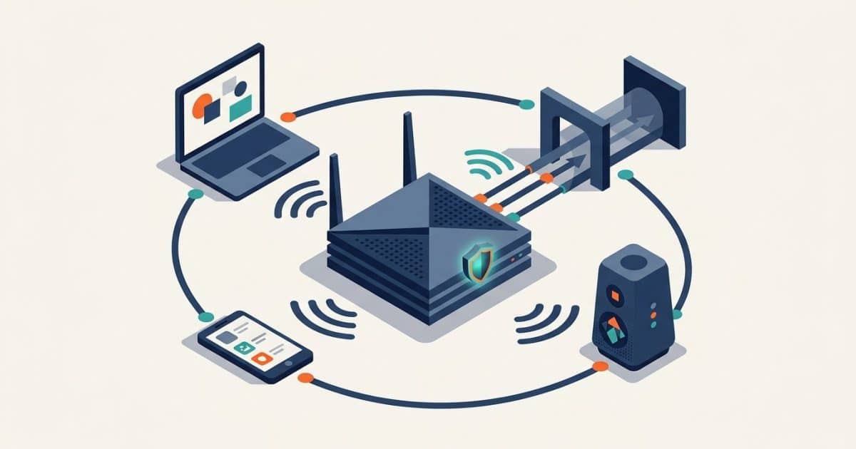 Illustration of a home router sending protected traffic for laptops, phones and connected devices