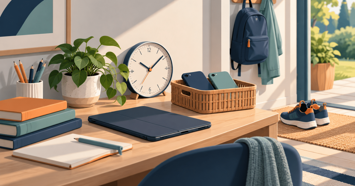 Phones set aside beside a clock, study books and shoes for an outdoor break