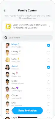 Snapchat parental controls: family center setup and limits Snapchat family center showing selected teen accounts and send invitation