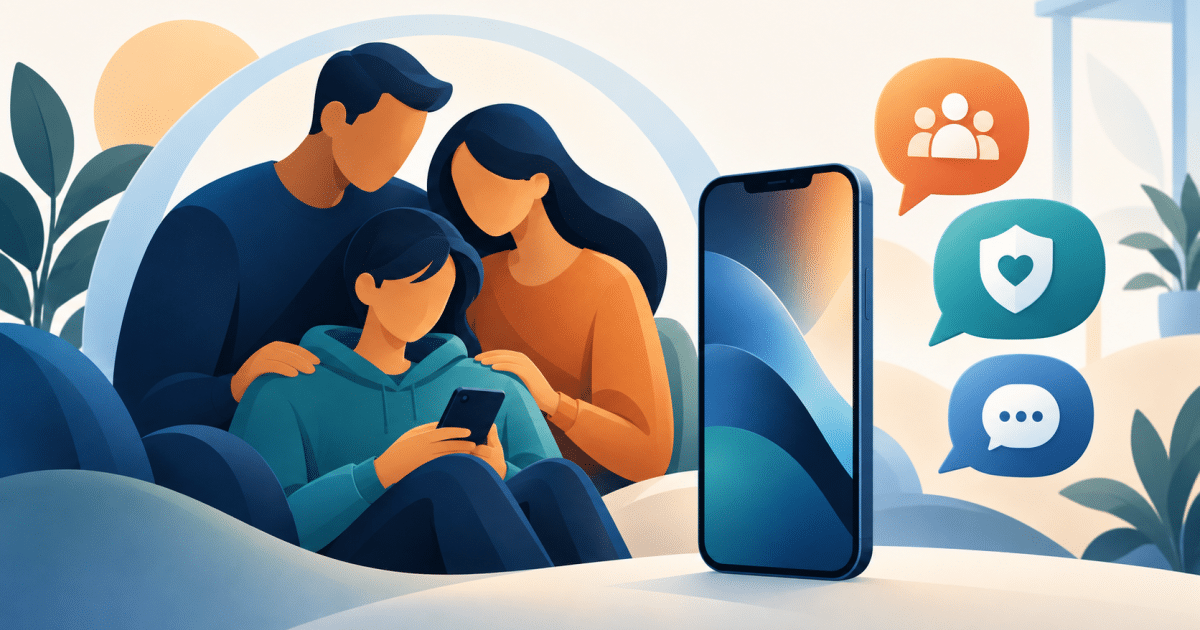 Conceptual navy and teal illustration of a family, a generic phone and communication bubbles.