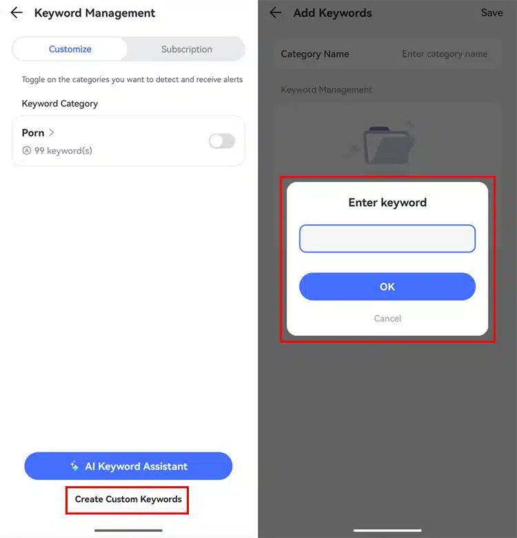 Parent app to monitor text messages: 4 options compared Airdroid’s official android example shows keyword management, create custom keywords and an empty keyword entry field.